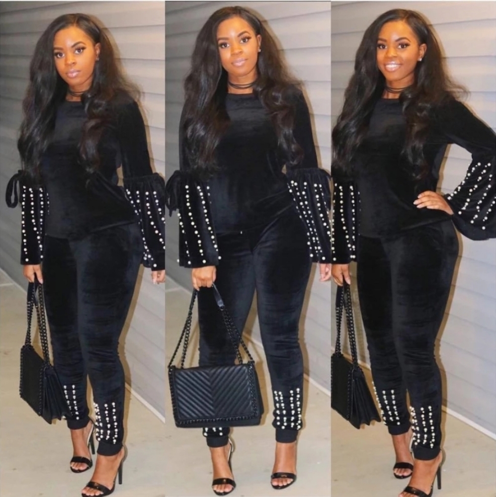 New Small Black Velvet Pearl Trimmed Outfit